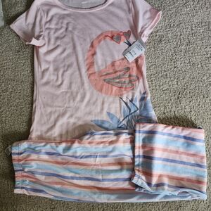 Girls' Pink Flamingo Pajama Set with Pastel Striped Pants